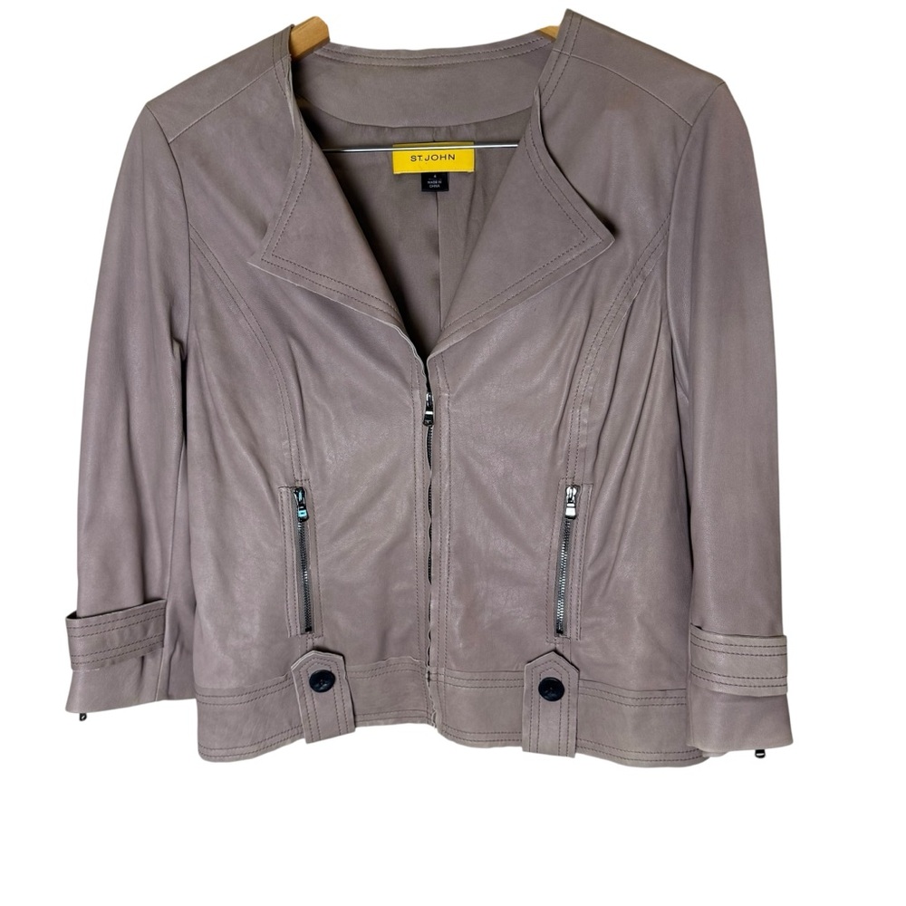 St. John Women's Taupe/Gray Lightweight Buttery Soft Sporty Leather Jacket sz 4